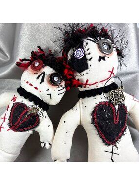 Shirley's Critters Handmade Gothic Halloween Doll Pair 12" & 8" OOAK Folk Art